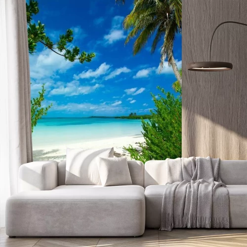 Fotobehang 3D zee met palmbomen