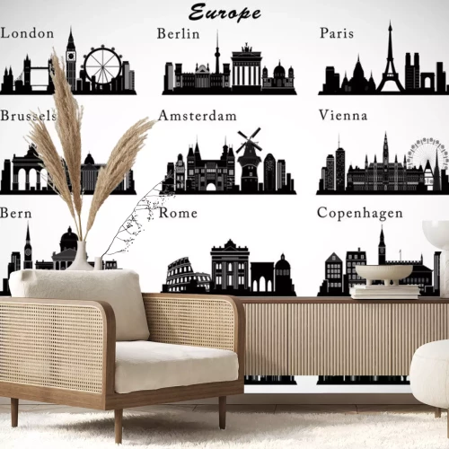 Sticker European Cities skylines set. Vector silhouettes