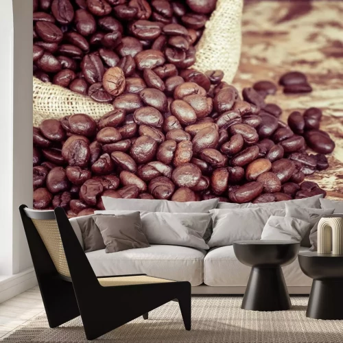 Sticker Koffiebonen in jute zakken