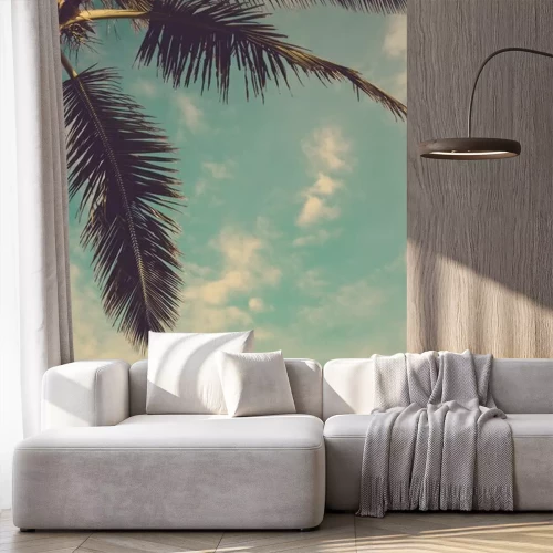 Fotobehang Kokospalmen met blauwe lucht Vintage Retro