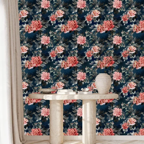 Behang Pioenbloemen op donkerblauwe grafische achtergrond