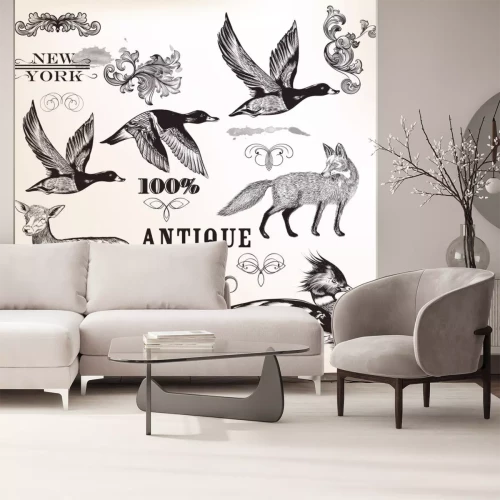 Sticker Verzameling van vector hand getekende dieren en bloeit