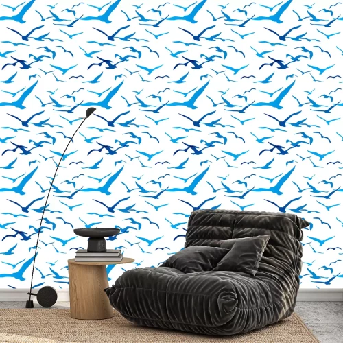 Behang Blauw vliegende meeuwen