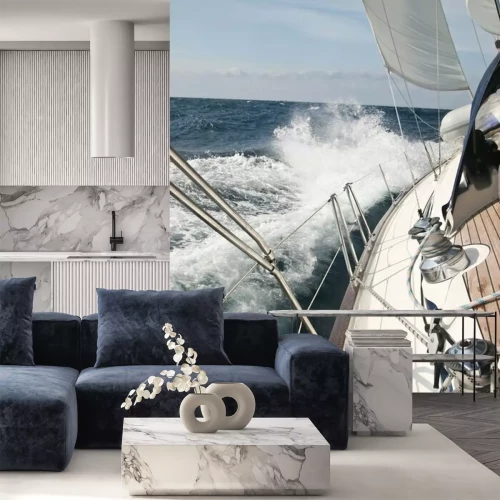 Fotobehang Zeilboot en uitzicht op het water