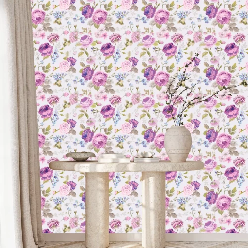 Behang Shabby chic met blauwe en roze bloemen