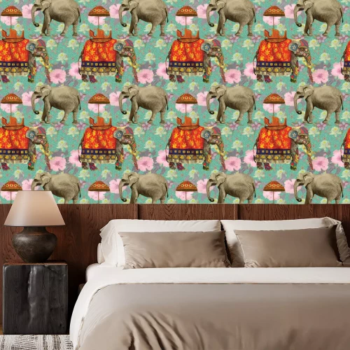 Behang Geklede olifanten uit India op een florale achtergrond