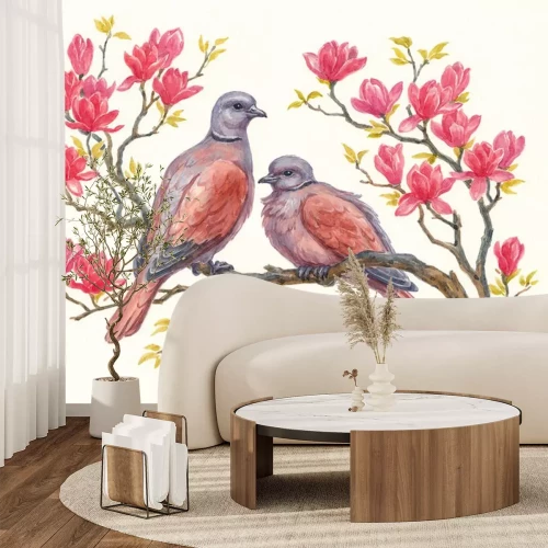 Sticker Twee duiven tussen magnolia's