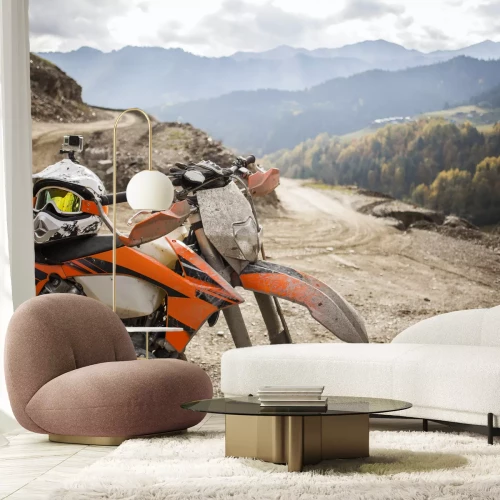 Fotobehang Dirty Enduromotor motorcross helm op de weg