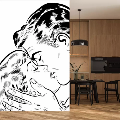 Fotobehang Zwart-wit tekening van een kussend stel, retrostijl