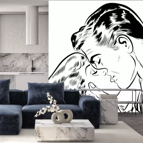 Sticker Zwart-wit tekening van een kussend stel, retrostijl