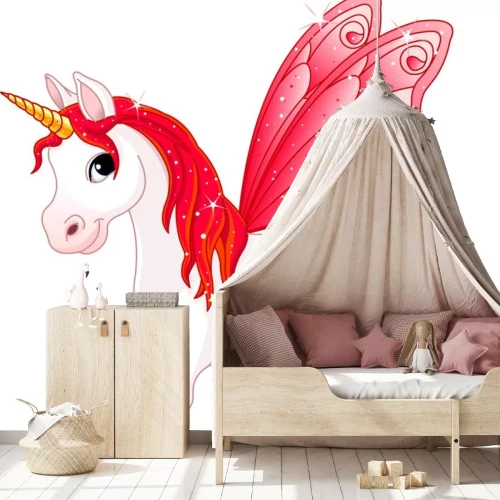 Sticker Eenhoorn met rode vlindervleugels