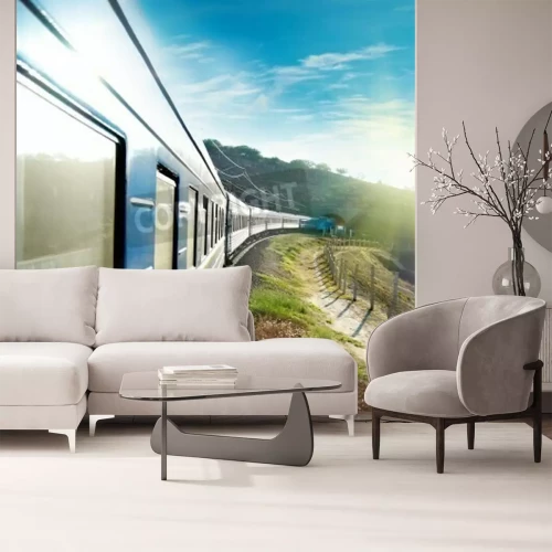 Fotobehang Blauwe trein met 3D-effect