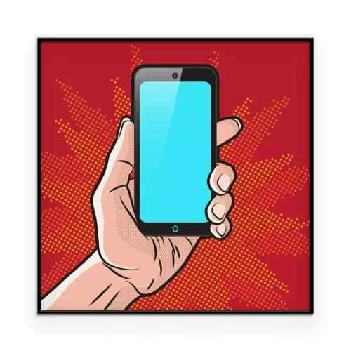 Poster Popart-afbeelding met een hand die een smartphone vasthoudt op een rode achtergrond.