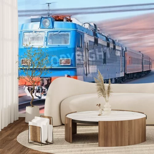 Fotobehang Hard rijdende blauwe trein