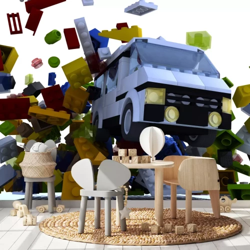 Sticker Een auto gemaakt van blokken die een grotere structuur verplettert