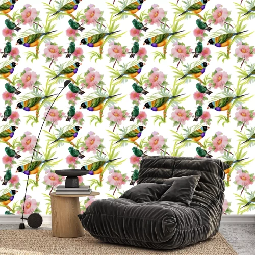 Behang Schilderachtige vogels tussen bloemen