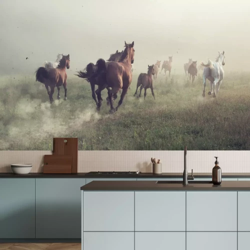 Fotobehang Galopperende paarden in de ochtend
