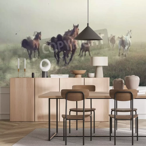 Fotobehang Galopperende paarden in de ochtend