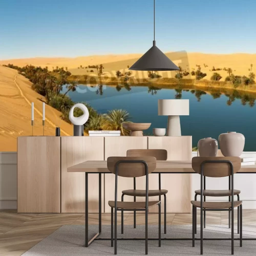 Fotobehang Oase met een meer in de woestijn