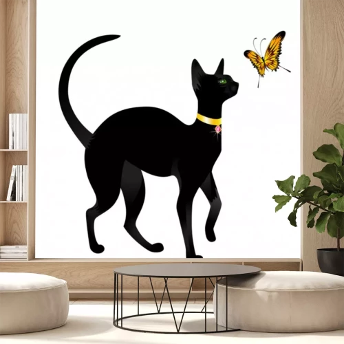 Sticker Mooie zwarte kat op een witte achtergrond met de vlinder