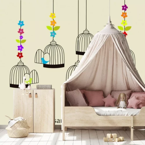 Sticker Hangende vogelkooien met kleurrijke bloemen