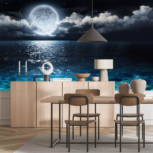 Fotobehang Romantische en schilderachtige panorama met volle maan op zee 's nachts