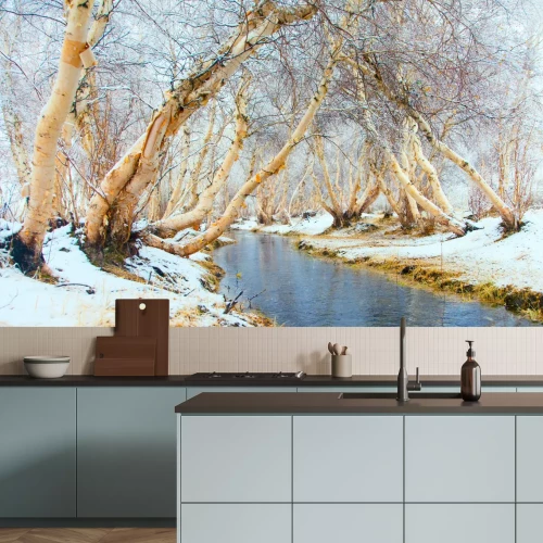 Fotobehang Berkenbomen hangend over een rivier