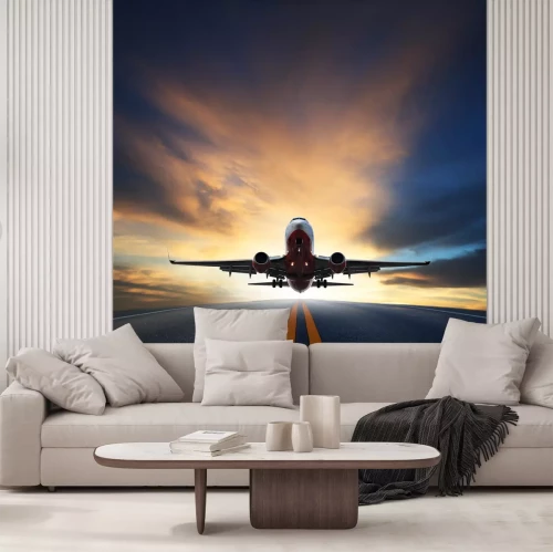 Fotobehang Vliegtuig over de landingsbaan