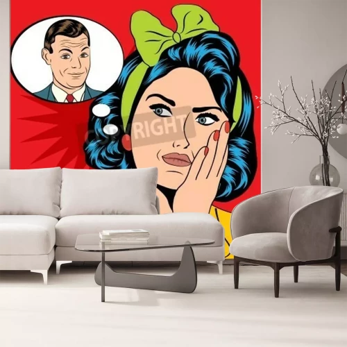 Fotobehang Pop art vrouw die aan een man denkt
