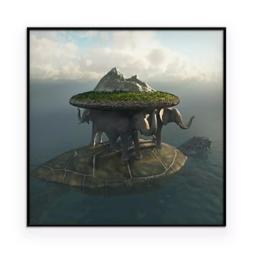 Poster Een eiland dat wordt ondersteund door olifanten en een schildpad.