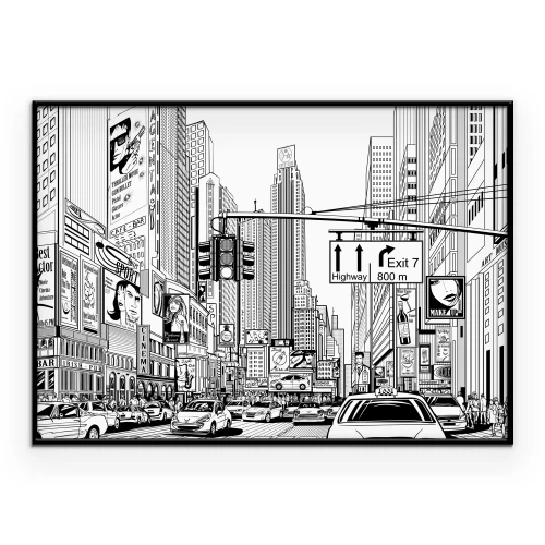 Poster Monochroom straatbeeld van New York in cartoonstijl