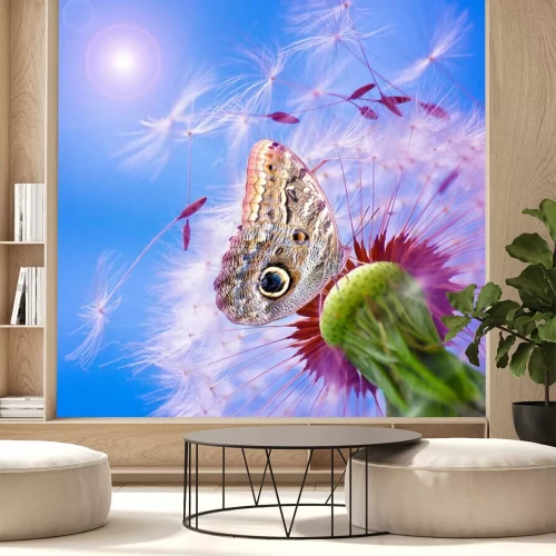 Fotobehang Paardenbloem vlinder en zon