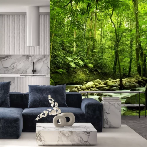 Fotobehang Jungle rivier en stenen