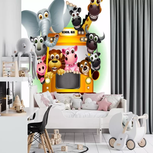 Sticker Lachende dieren in een gele schoolbus