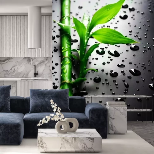 Fotobehang Bamboe en waterdruppels op een zwarte achtergrond