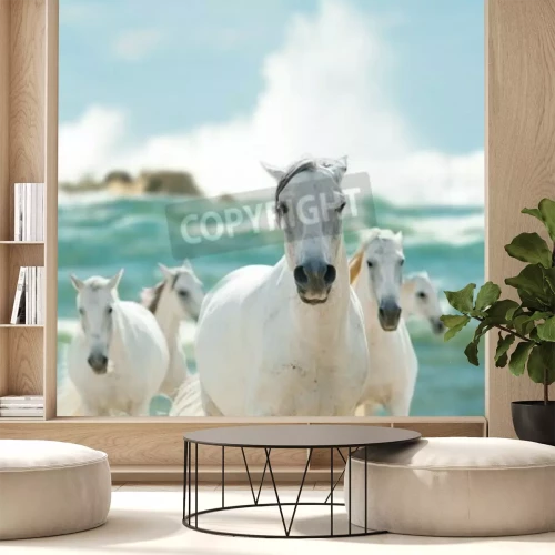 Fotobehang Kudde paarden op een achtergrond van een oceaan