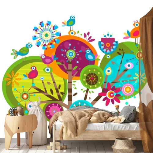 Sticker Vogels op een abstracte grafische regenboogboom