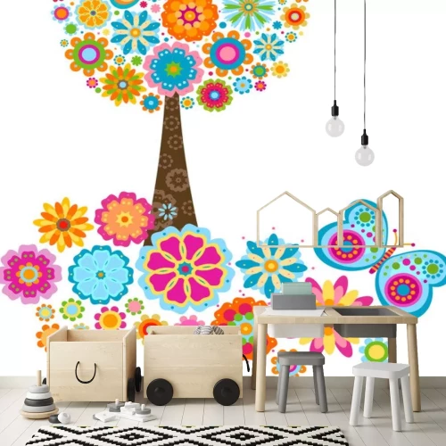 Sticker Veelkleurige boomafbeelding samengesteld uit bloemen