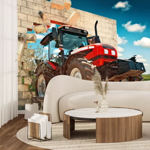 Fotobehang Rode tractor rijdt door een muur