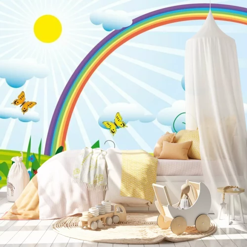 Fotobehang Grafische weide met een regenboog