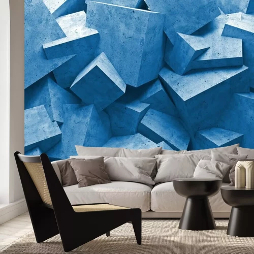 Fotobehang Een muur van blauwe betonnen kubussen