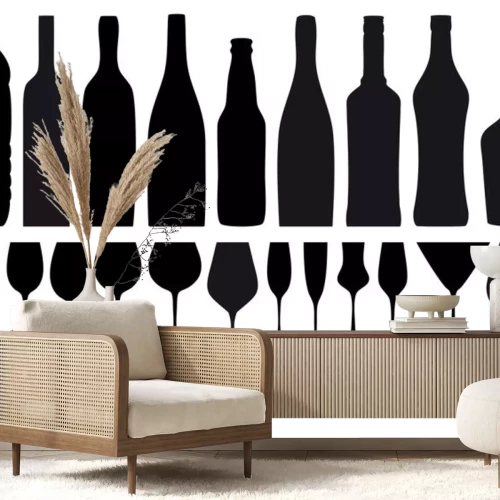 Sticker flessen wijn en glazen, vector