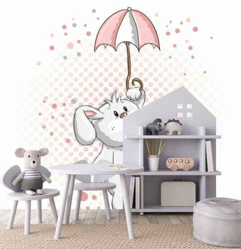 Sticker Wit pluizig konijn met een tweekleurige paraplu