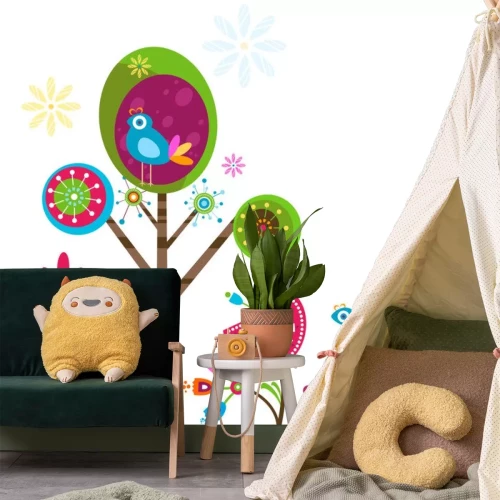 Sticker Abstracte bomen bloemen en vogels