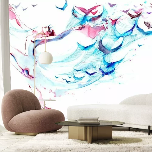 Fotobehang Aquarel met danseres en vogels