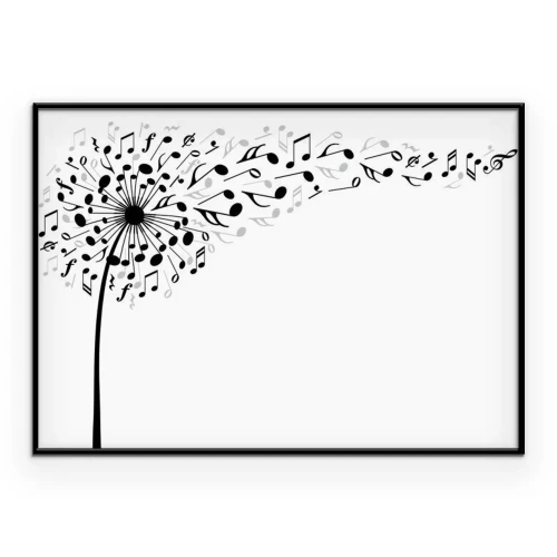 Poster Zwart-witte paardenbloem met muzieknoten