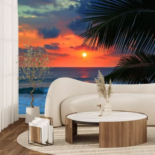 Fotobehang Zonsondergang onder de palmbomen