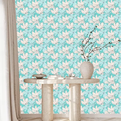 Behang Wit en blauw motief met magnolia's