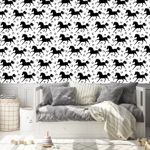 Behang Zwarte silhouetten van paarden en hoefijzers op een witte achtergrond