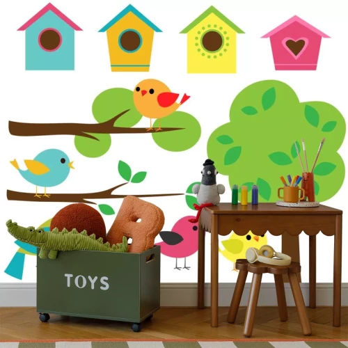 Sticker Set van kleurrijke grafische vogels bomen bloemen